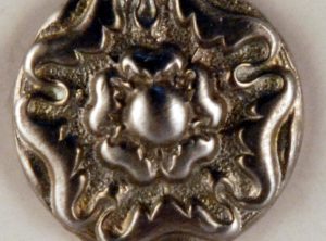159 Floral Tudor design Pewter Button. Hand made in the USA